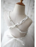 Ivory Tulle Beaded Straps Cross Back Lace Trim Asymmetrical Flower Girl Dress
